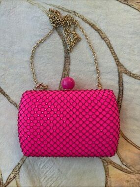 Source Unknown Hot Pink Crystal Net Evening Clutch with Gold Chain